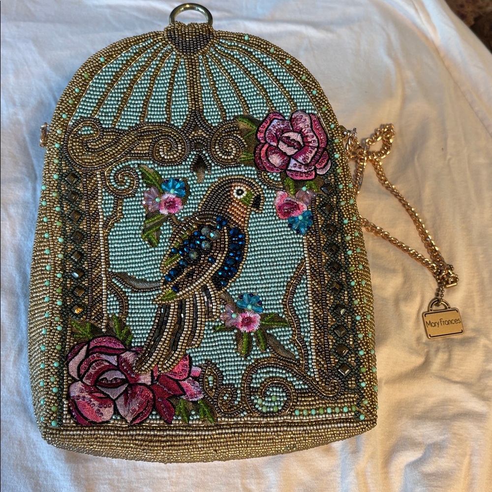 MARY FRANCES Beaded Birdcage Purse with Pink and Blue Accents